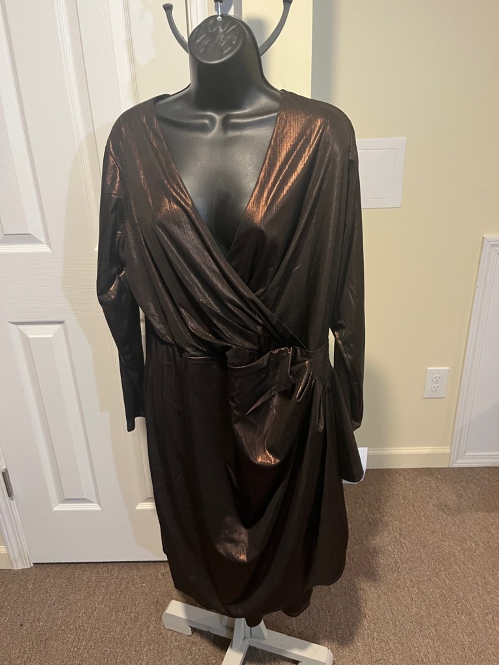 London Times Shimmery Bronze Wrap Dress
